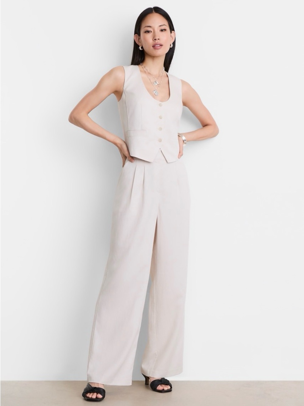 LOFT Versa Pure Spun Pleated Wide Leg Pants Pale Pumice NWT